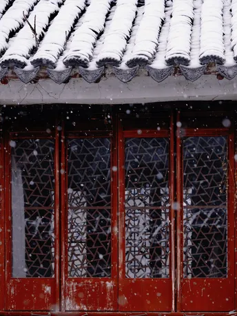 雪覆盖了一栋建筑的屋顶和窗户