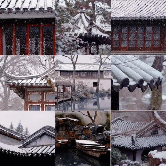 冬日的城市中覆盖着雪的建筑物和屋顶的拼贴画