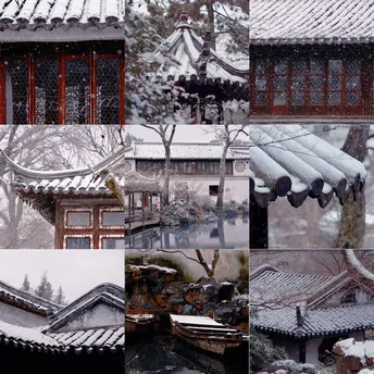 冬日的城市中覆盖着雪的建筑物和屋顶的拼贴画