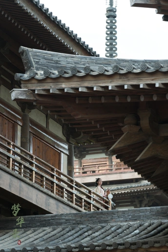 一个人和一个女人正在走上木质建筑的屋顶。