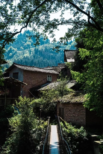 一座木桥通往山脉中的一座小村庄 沿途有树木。