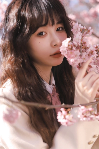 一个年轻的女人在樱桃树前把一朵粉红色的花举到脸上