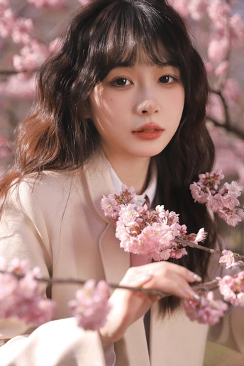 一个女人在樱花树旁拿着一朵粉红色的花