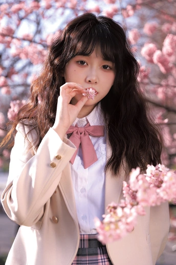 一位身穿校服的年轻女子在一棵开着粉色花朵的树前摆姿势