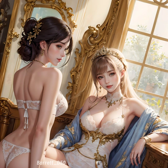 一位美丽的年轻女士穿着一件蓝色连衣裙坐在床前镜子前。