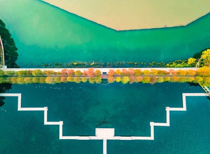 一幅湖中岛屿的画 有一条穿过水面的路