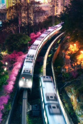 夜间穿行城市的火车