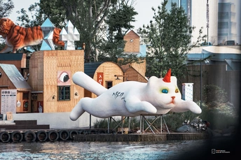 一只猫和一只狗漂浮在水面上