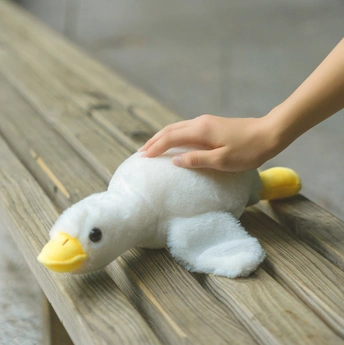 一个坐在木凳上的小孩子在手里拿着一只白色的毛绒鸭子。