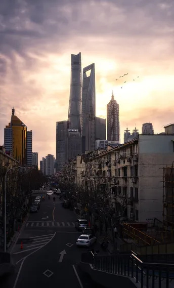 夕阳下的城市街道 有高楼和汽车在街道上。