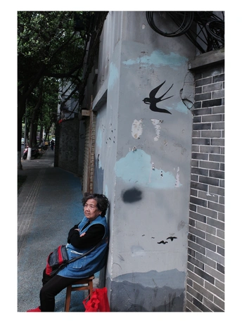 一个女人坐在椅子上 靠着一栋楼 墙上有一只鸟