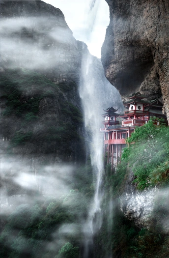 a tall waterfall cascading down a cliff into the w