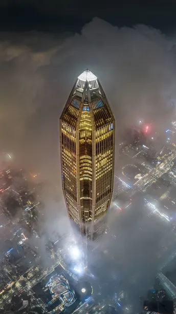 从一座雾气缭绕的城市高楼的顶部拍摄的夜晚照片