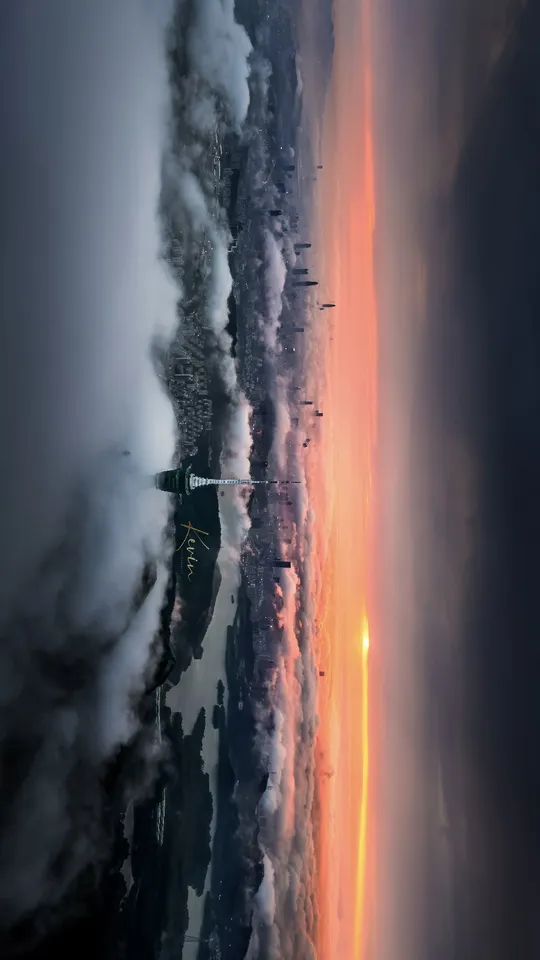 飞机在天空中飞行 地球上弥漫着烟雾和火焰。