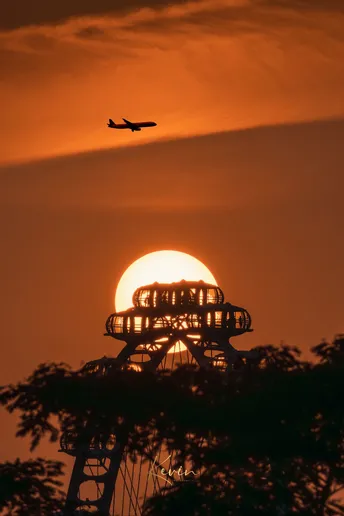 橙色夕阳 一架飞机在天空中飞行 前景是一座有树木的塔。