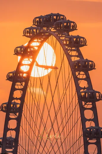 落日背景下的一个大型法拉利轮