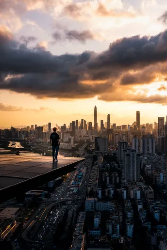 一个站在建筑物屋顶上 看着夕阳西下 夕阳逐渐消失的城市天际线的人。