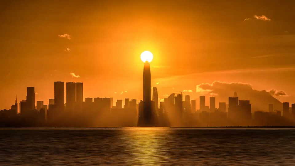 城市天际线上的高楼大厦 夕阳西下。