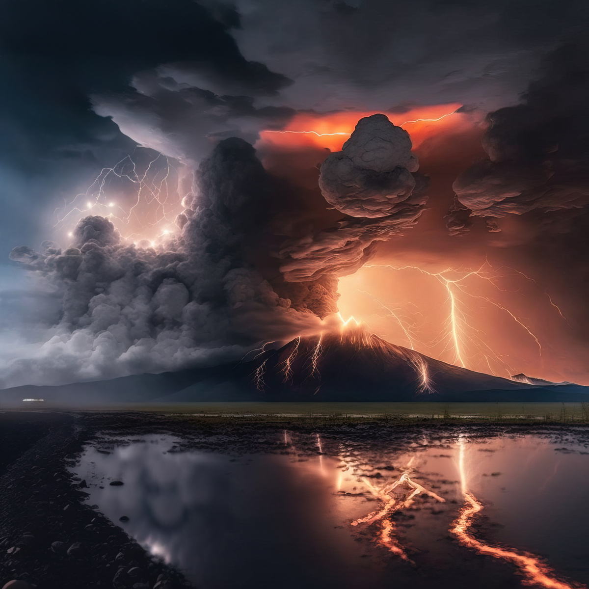 火山喷发 天空中有闪电和喷涌的水。