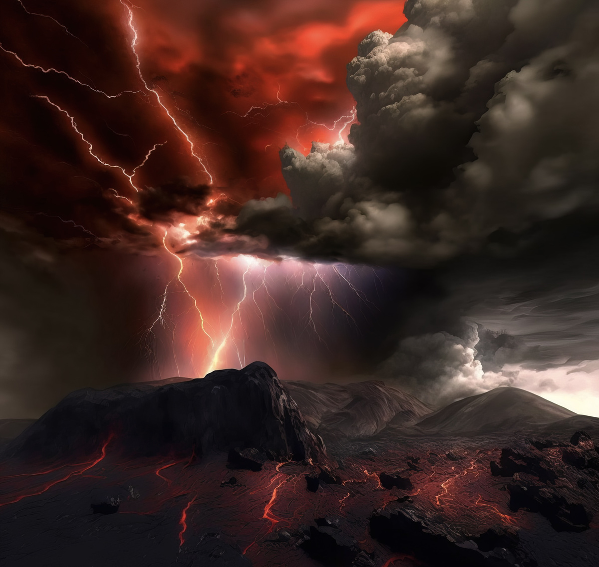 火山 天空中闪电 红云