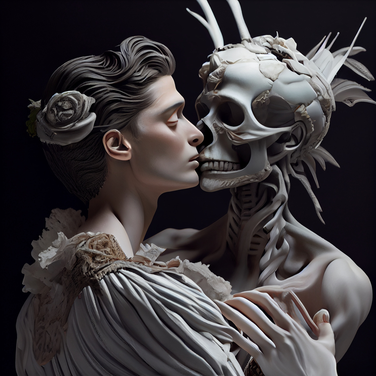 3D插图 描绘了一位死去的女性雕塑 她手中拿着一个头骨。