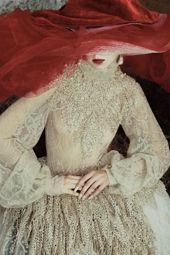 一位穿着红色连衣裙和红色帽子的女士