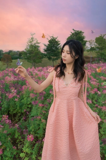 一个穿着粉红色裙子的年轻女子手里拿着一只蝴蝶站在花丛中。