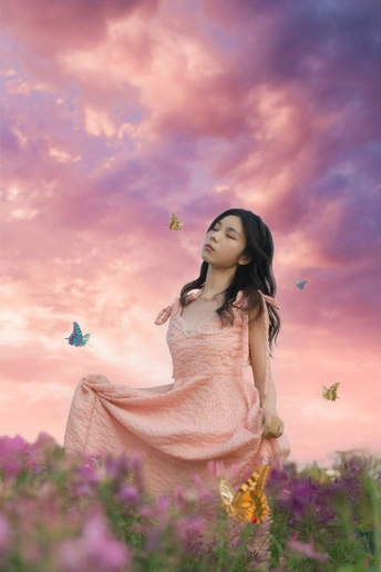 一个穿着粉红色裙子的美丽年轻女子站在紫花丛中