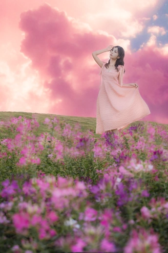 一个穿着粉红色裙子的年轻女子站在紫花丛中