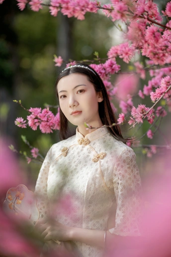 一位穿着传统裙子的年轻女子站在一棵开满粉色花朵的树下 构成了一幅美丽的肖像画。