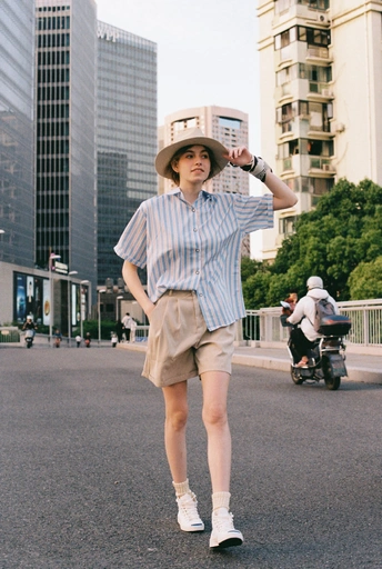 一个穿着衬衫和帽子的人在街上站立 背景中有一辆摩托车驶过。