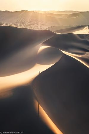沙漠中沙丘顶部的人在日出或日落时 太阳照亮了沙子。