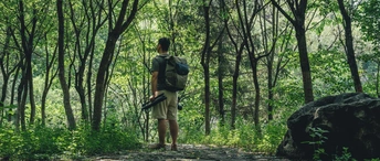 一个人背着背包站在森林小路上