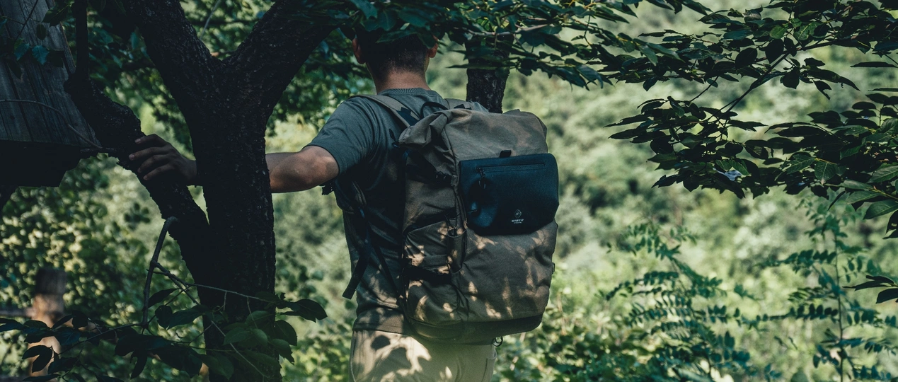 一个背着背包的男人穿过森林 里面有树。