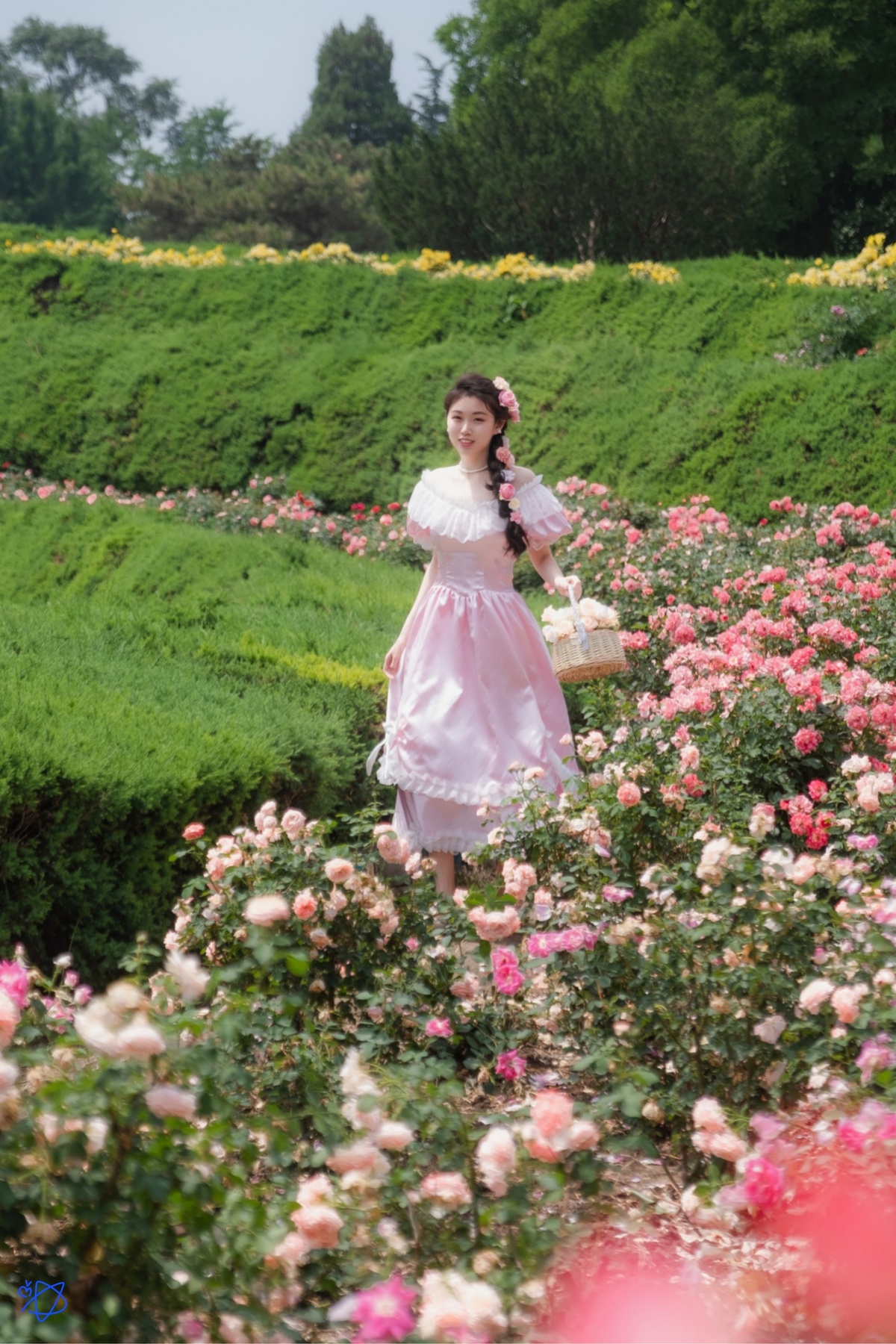 一个穿着粉红色连衣裙的年轻女子抱着篮子穿过花园区