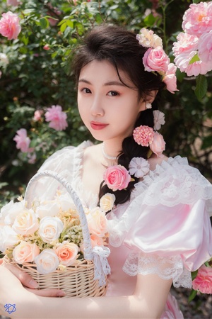 年轻美丽的女子穿着传统服装 手里拿着一个装满粉色玫瑰花的花篮。