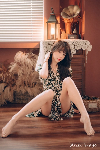 一个穿着连衣裙的年轻女子坐在地板上 双腿交叉 在一个有床的房间里。