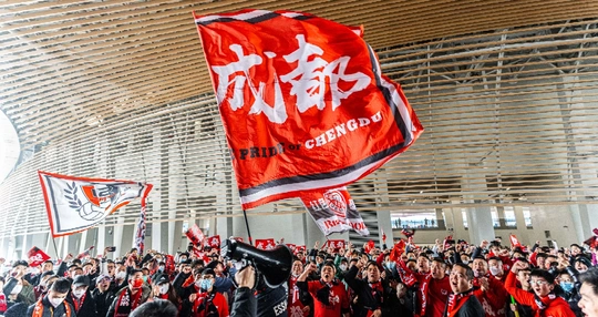 人群挥舞着红旗并为他们支持的队伍欢呼