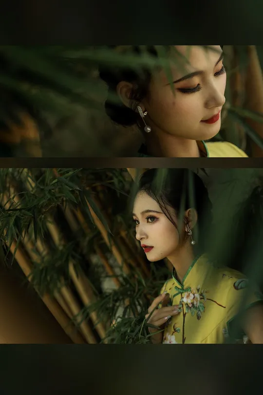 黄色连衣裙的女孩在竹林前