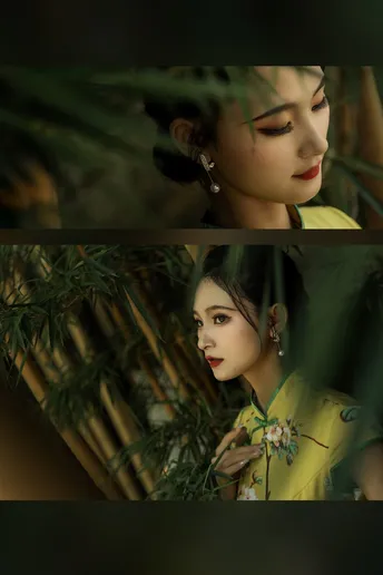 黄色连衣裙的女孩在竹林前