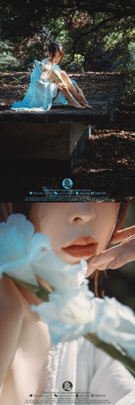 一张穿着白裙子的女人和蓝色花朵的海报