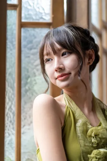 一位年轻女子穿着绿色连衣裙在窗户边的肖像