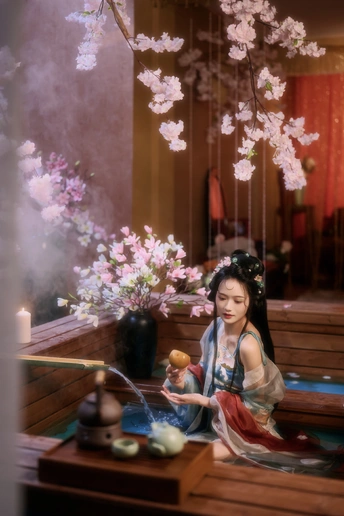 樱花树下穿着和服的少女