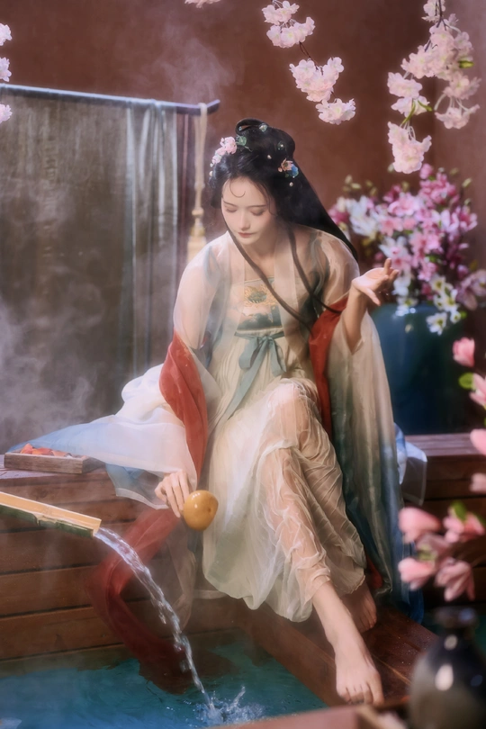 一幅描绘着一位女性在木船上拿着花瓶的花卉画