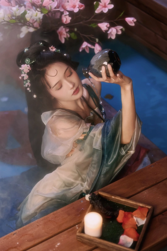 一幅女人手持一瓶水和蜡烛放在桌子上的画