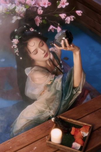 一幅女人手持一瓶水和蜡烛放在桌子上的画