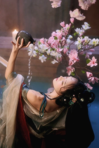 一位女士手里拿着一支蜡烛 站在旁边有花的水泉旁边。