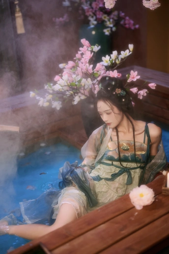 一个坐在木制桌子上的女人 桌上有蓝色的水、花和蜡烛。