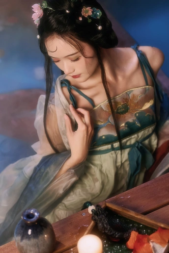 一位年轻女子穿着一件漂亮的裙子 坐在桌子上 桌子上有一支蜡烛和鲜花。