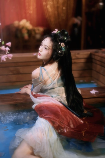 一个穿着红裙子的女孩坐在装满水的浴缸里 她的头发上插着花。